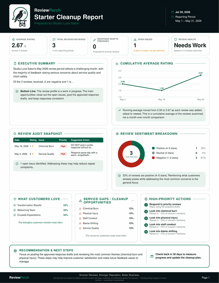 Cover page of a sample ReviewPerch monthly reputation report